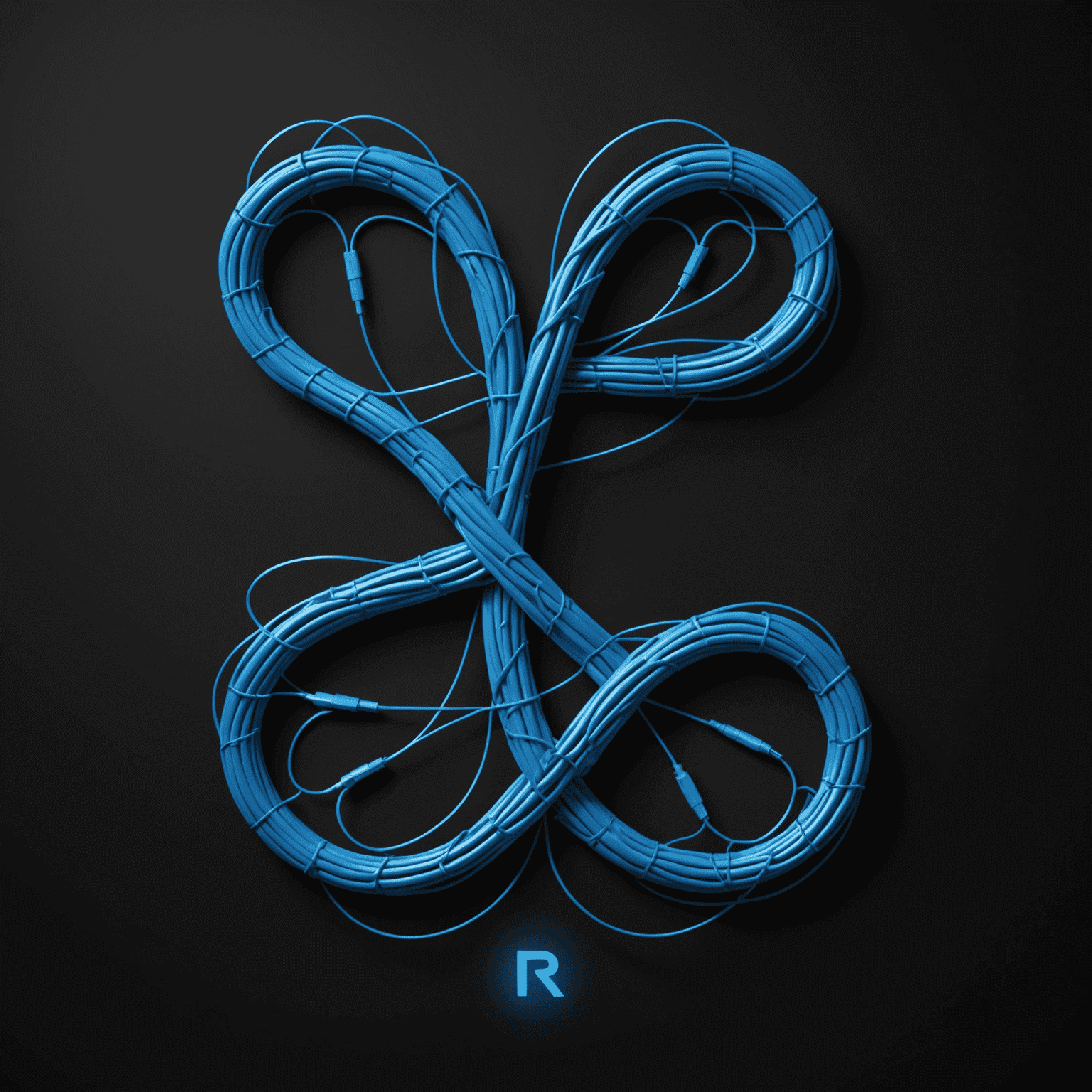 RelimoRaste logo - A stylized electric blue 'R' formed by intertwining network cables on a black background