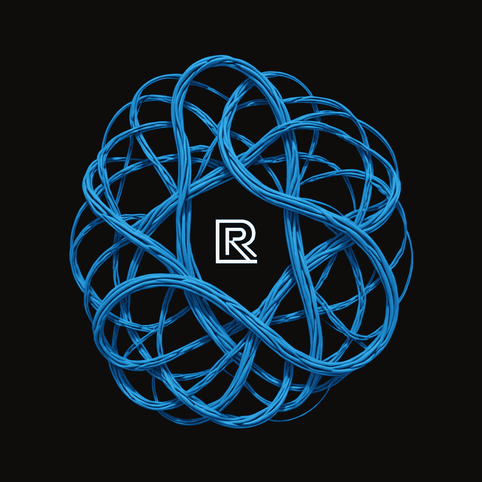 RelimoRaste logo - A stylized electric blue 'R' formed by intertwining network cables on a black background