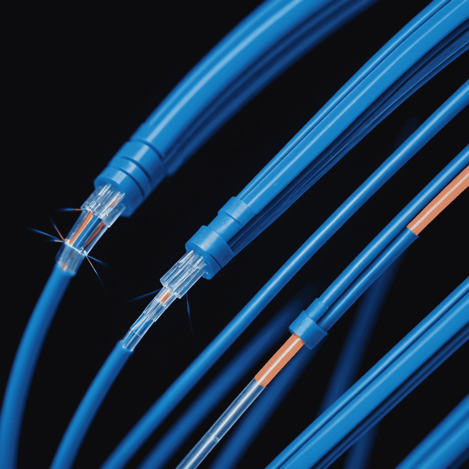 Close-up of fiber optic cables with blue light passing through them, symbolizing high-speed internet technology