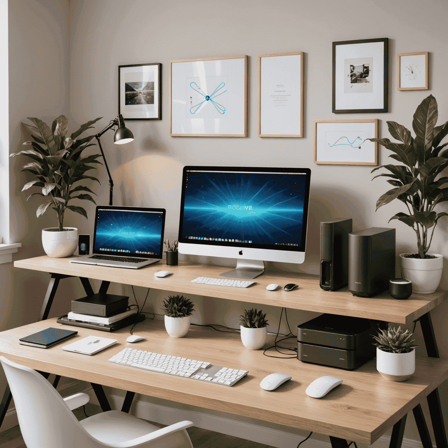 A modern home office setup with a router, multiple devices, and visible ethernet cables, illustrating a well-organized home network