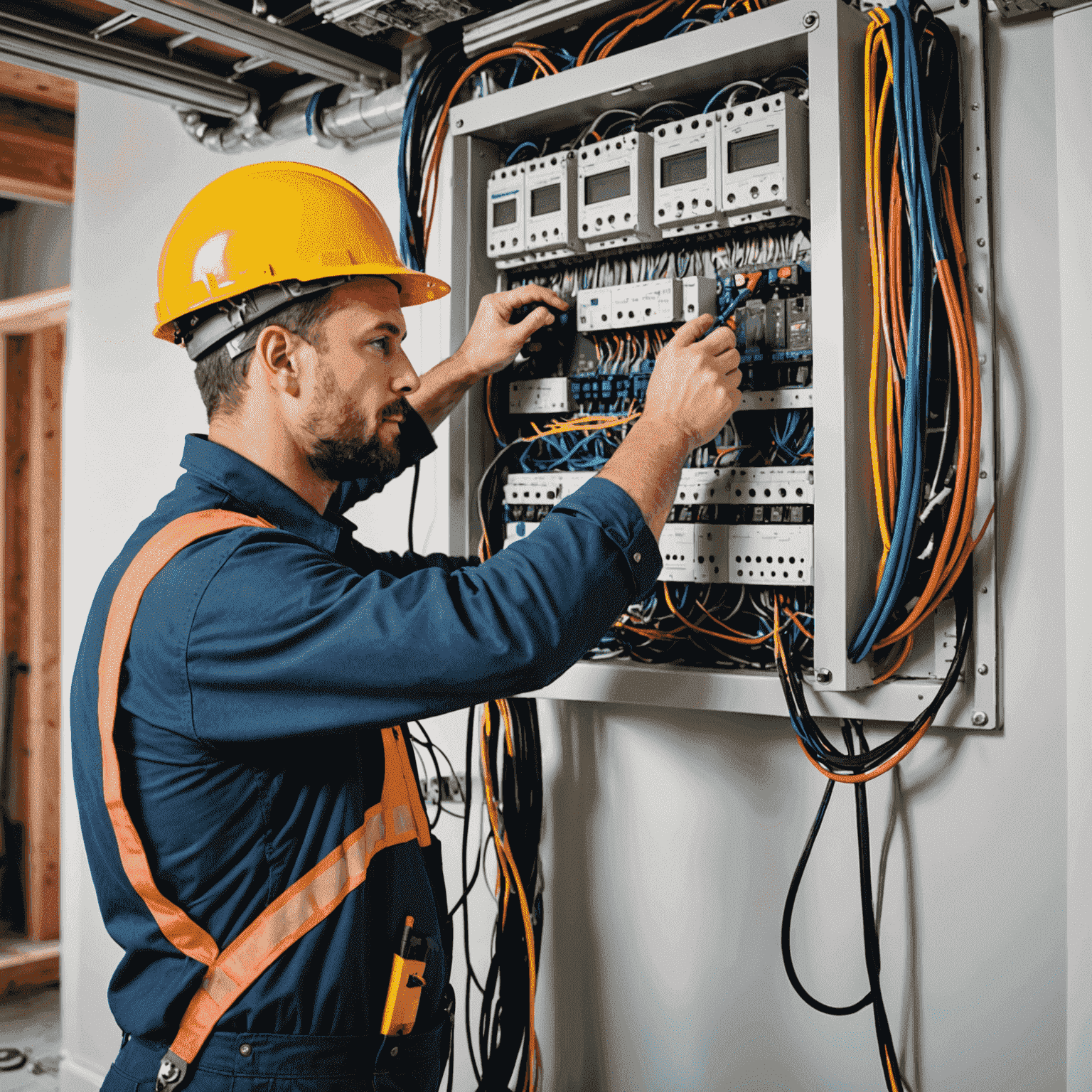 Electrician installing wiring in a modern home, with visible cables and circuit breakers
