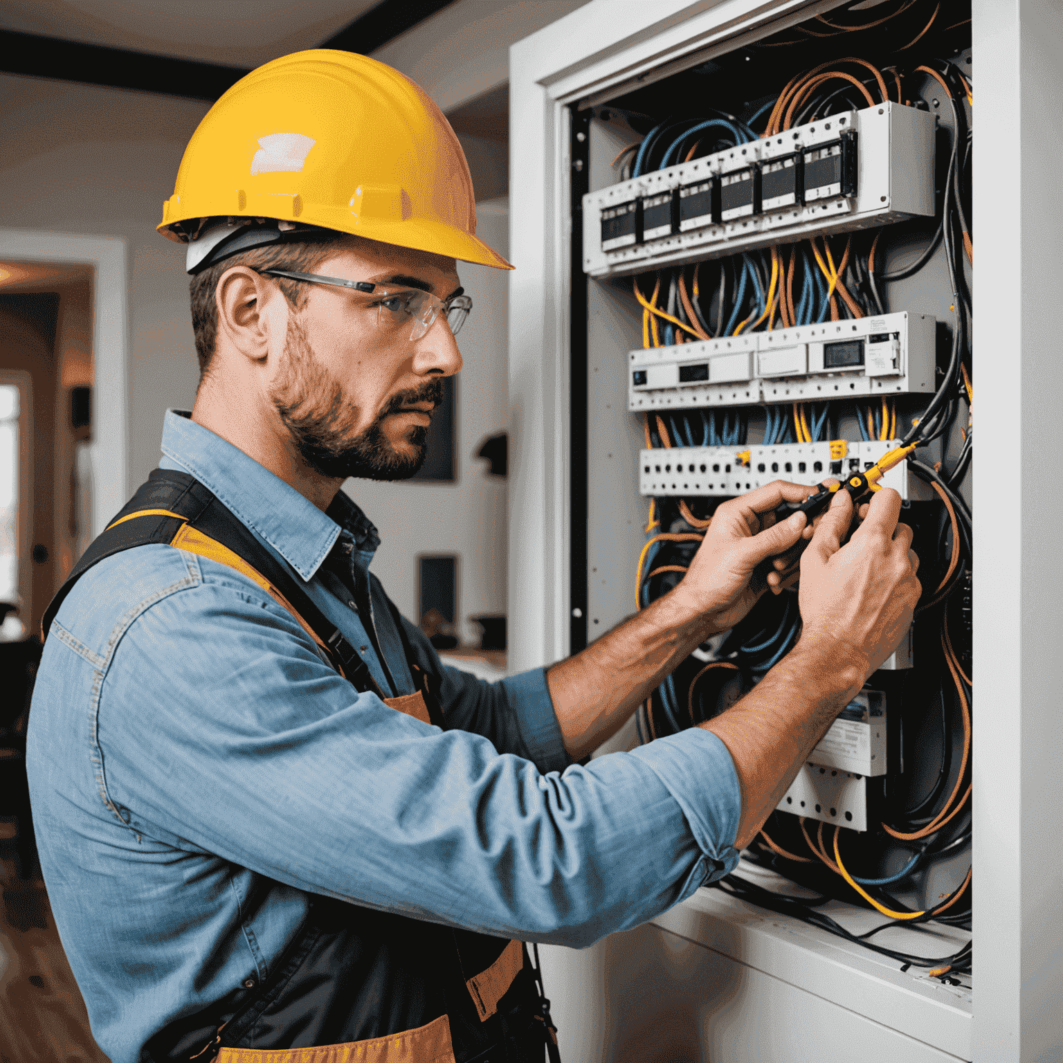 Professional electrician installing wiring in a modern home, showcasing neat cable management and advanced safety features