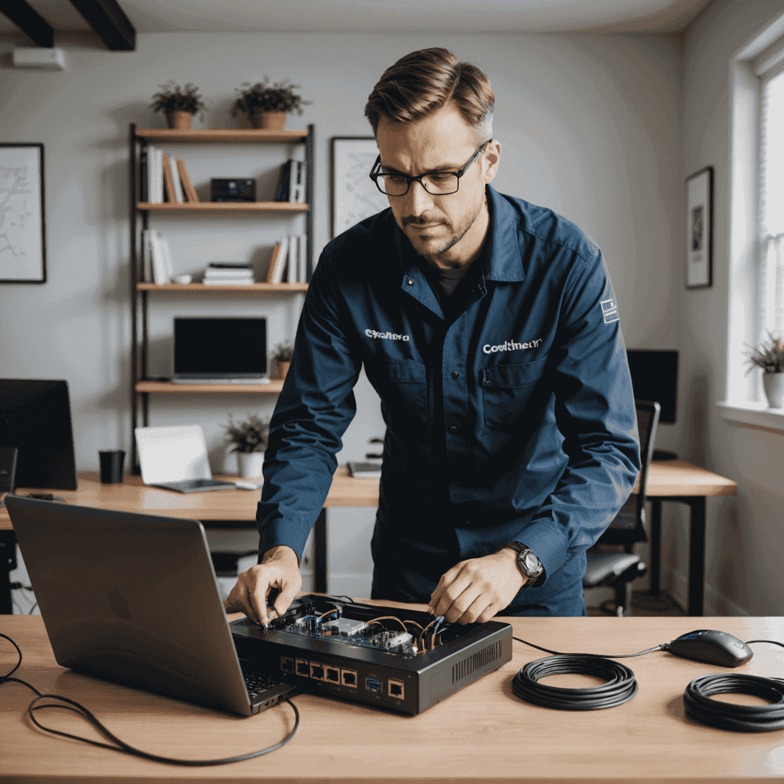 Professional technician installing internet cables and configuring a router in a modern home office setting. The image shows a person in a uniform carefully connecting wires to a sleek router, with a laptop nearby displaying network configuration settings.