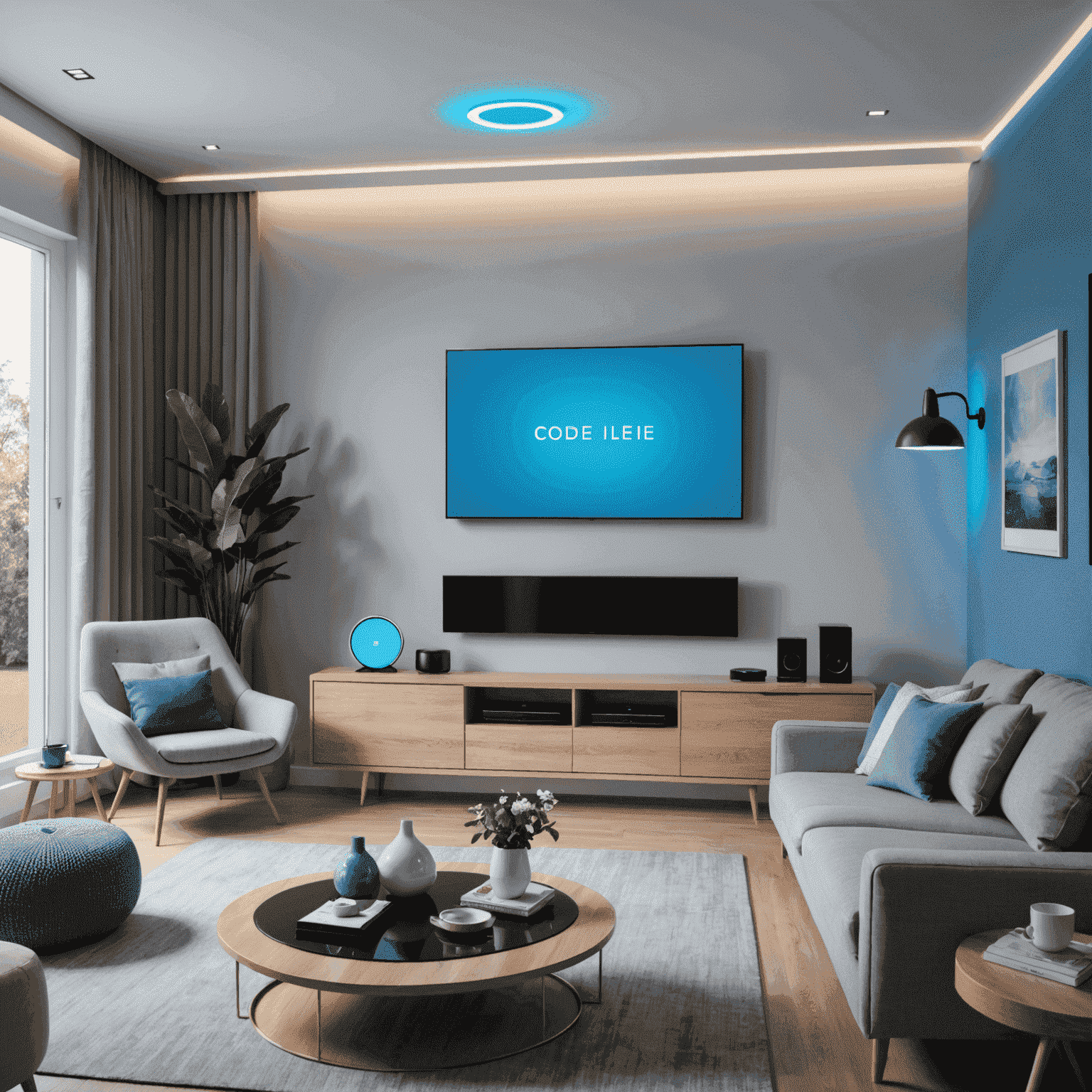 A modern living room with various smart home devices such as a smart TV, smart speakers, and a tablet controlling lights and thermostat. The room has a sleek design with minimalist furniture and soft blue accent lighting.