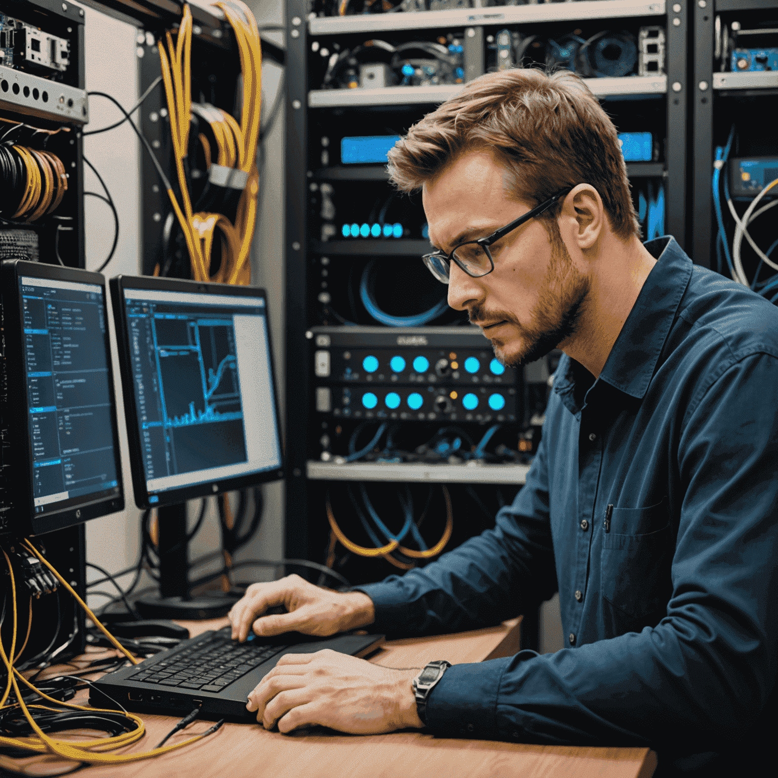Network technician diagnosing connectivity issues on a complex router setup with multiple cables and a laptop displaying network diagnostics