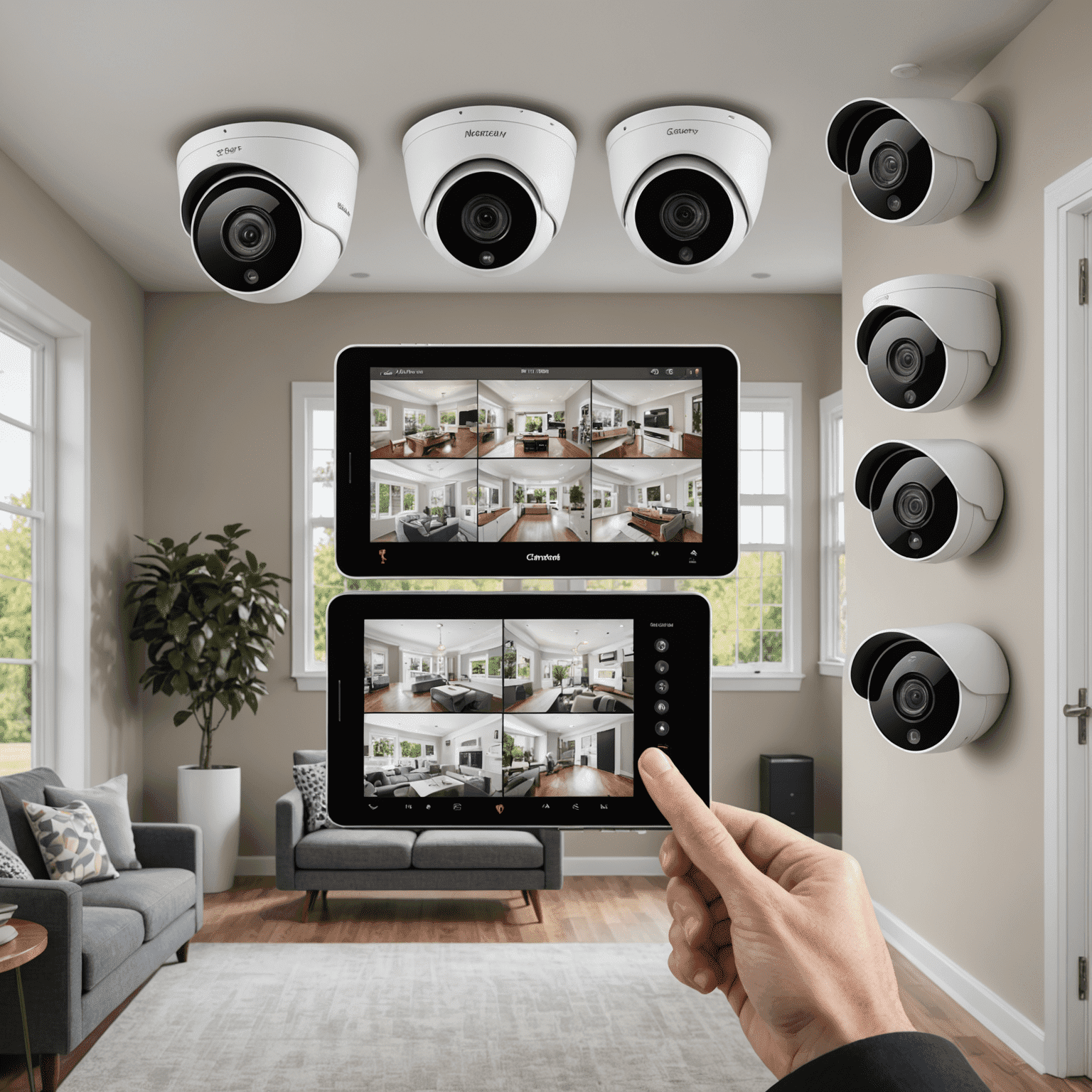 A modern home security system with multiple cameras, a central control panel, and a smartphone displaying a live feed. The system is integrated with the home's internet network, showcasing the remote monitoring capabilities.