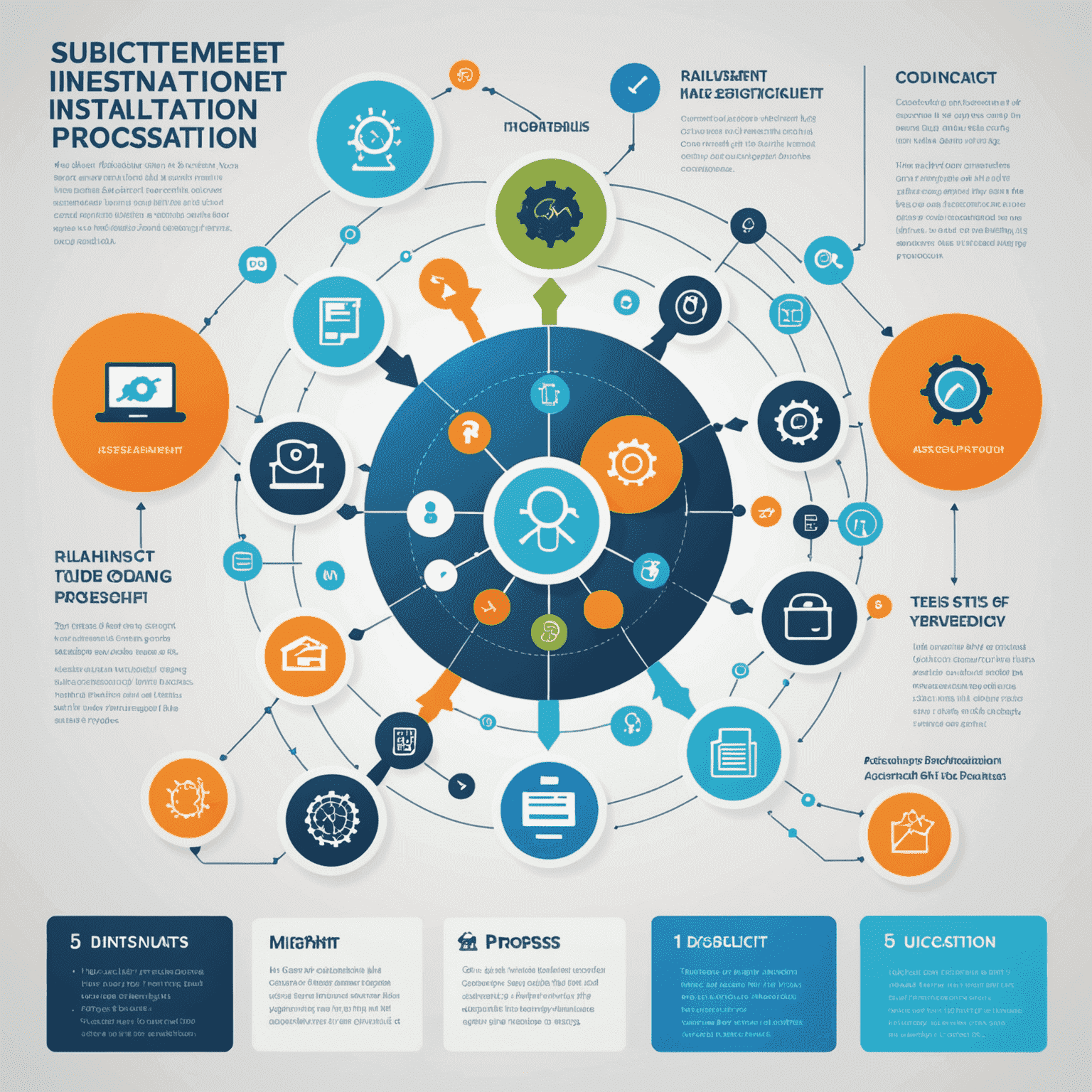 Infographic showing the 5-step internet installation process. The image displays icons for each step: assessment (magnifying glass), planning (blueprint), installation (tools), configuration (gear), and walkthrough (handshake). Each icon is connected by a flowing line, suggesting a smooth, professional process.