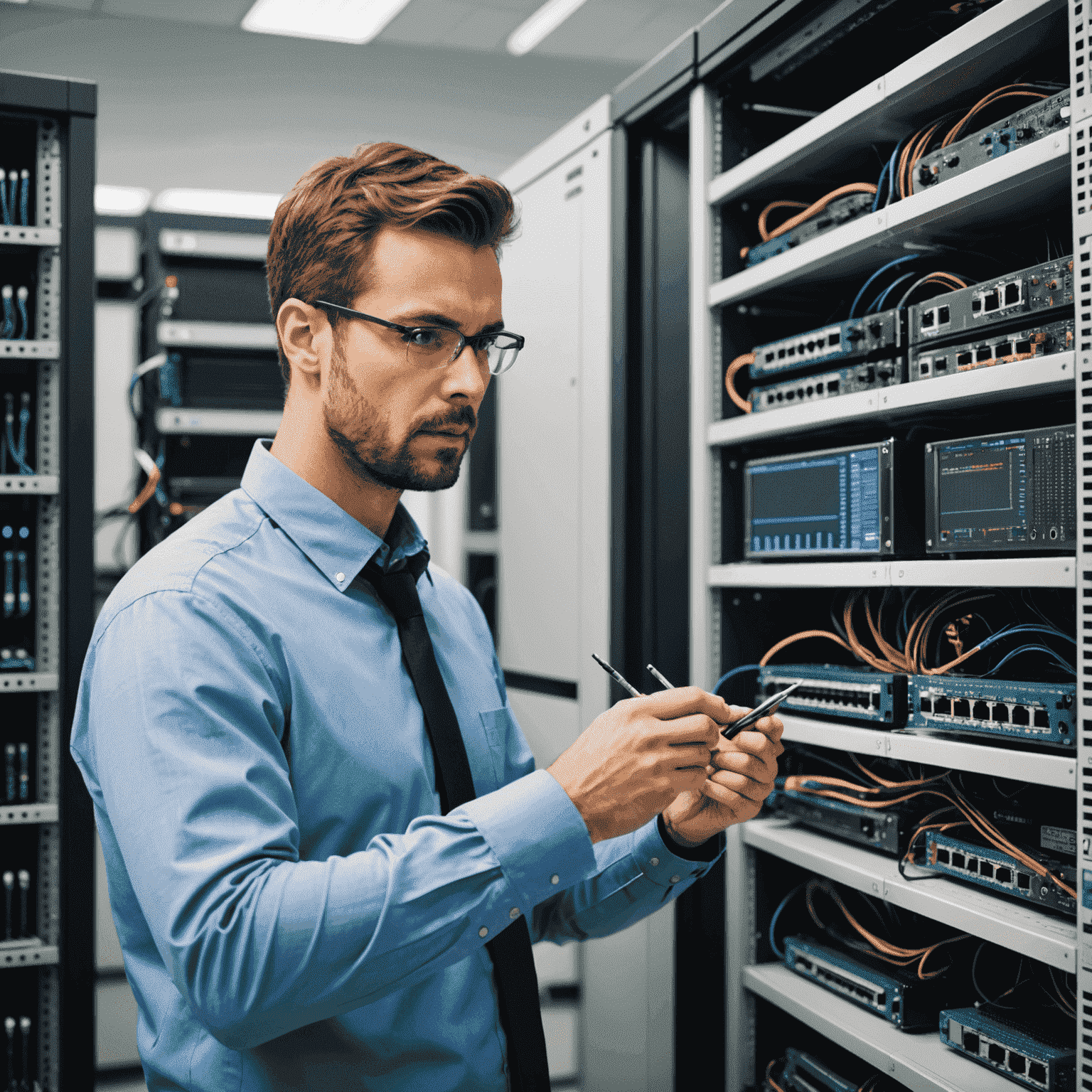 Network technician using advanced diagnostic tools to analyze network traffic and identify bottlenecks on a large office network setup