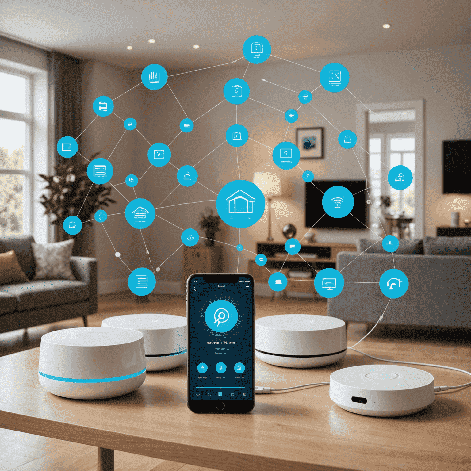 Various smart home devices connected to a central hub, representing internet-based home automation