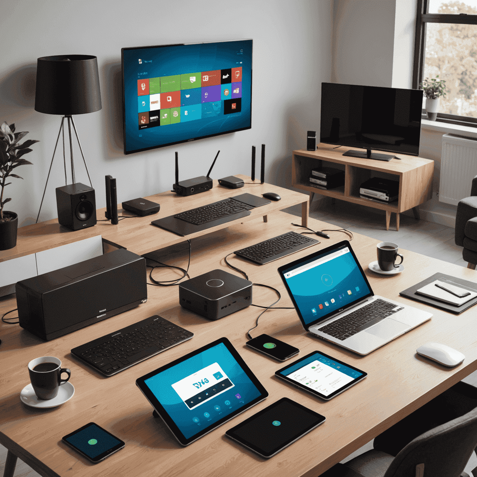 Various devices (smartphone, laptop, tablet, smart TV) connected to a central router, showing a complete home network setup