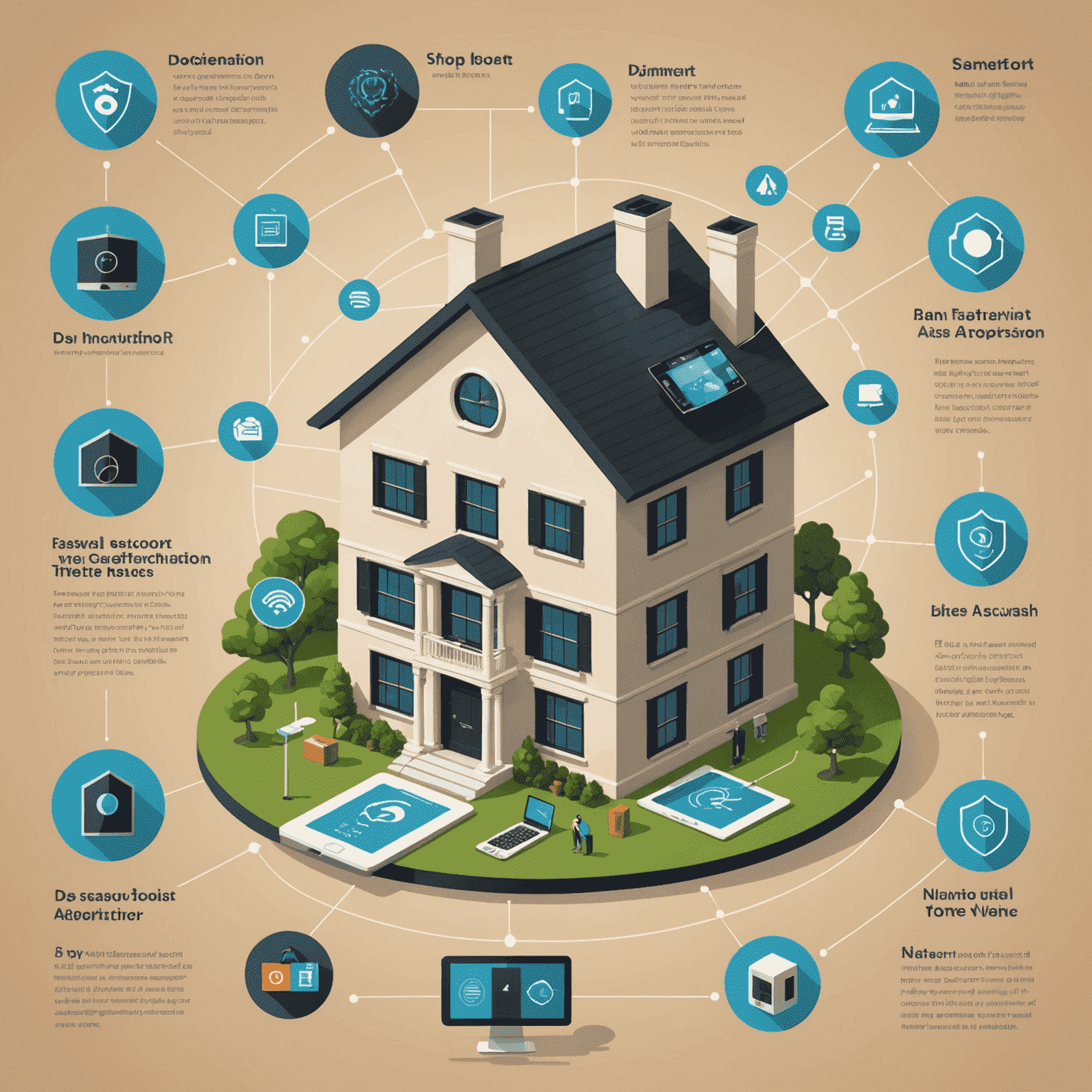 An infographic showing various network security measures for smart homes, including password protection, two-factor authentication, and VPN usage.