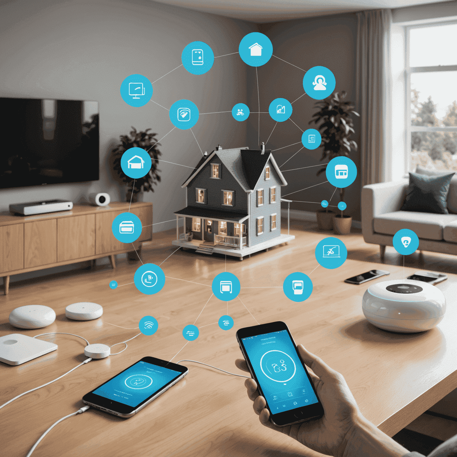 Various smart home devices connected to a central hub, with a smartphone controlling them
