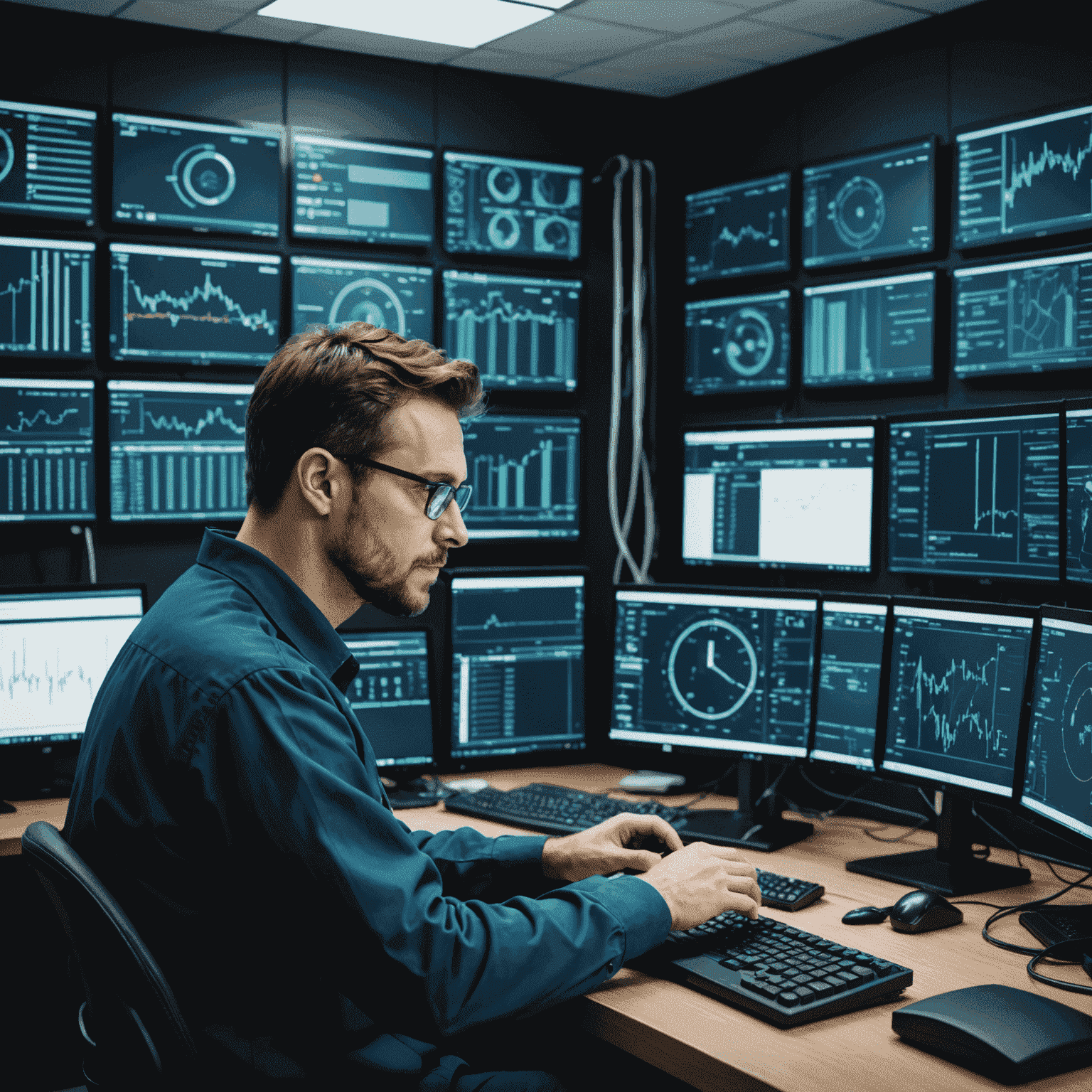Technician using diagnostic tools on a complex network setup, with multiple screens showing network data