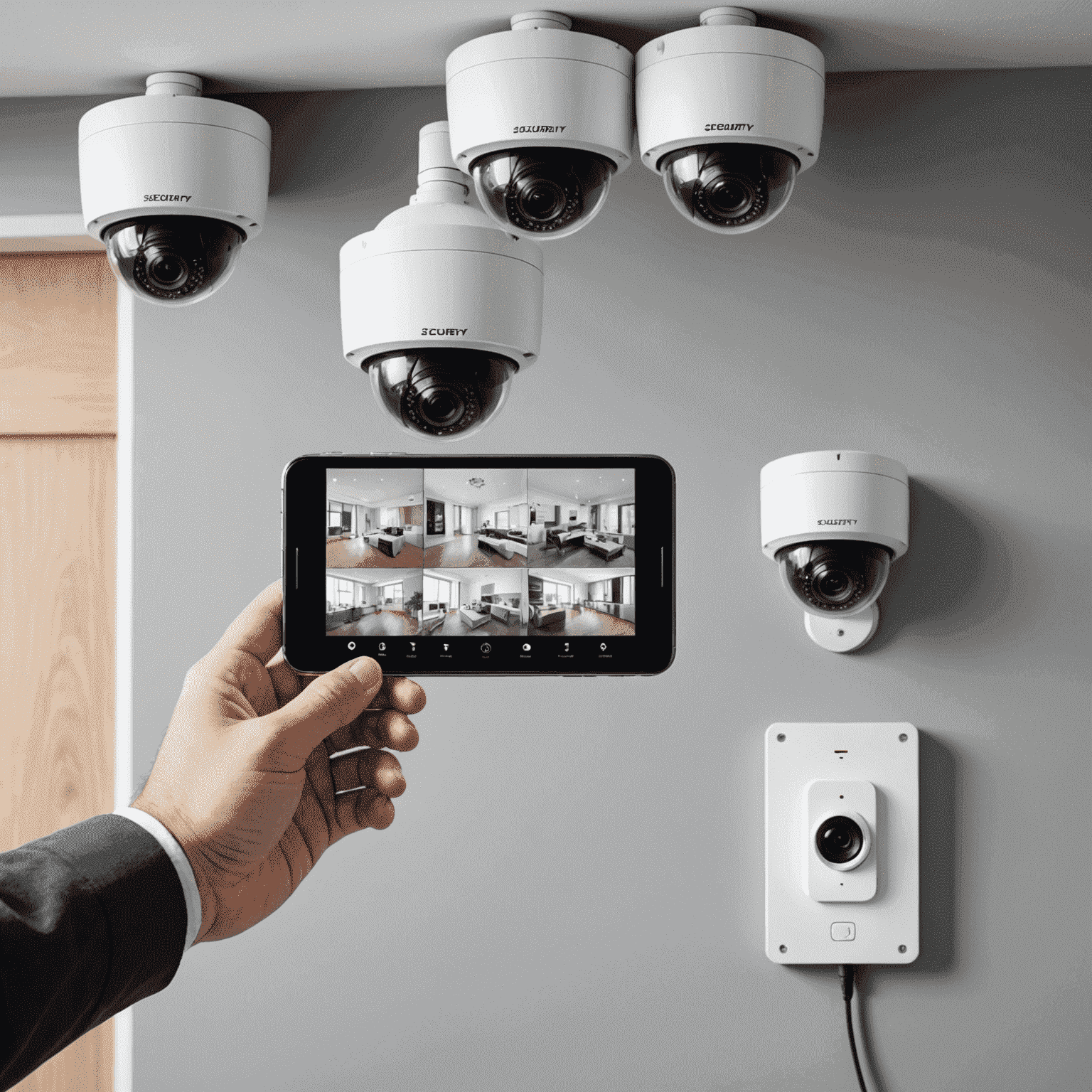 Installation of security cameras and a control panel, with a smartphone showing live feed